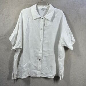 Christopher Calvin Linen Button Up Women 1X White Short Sleeve Relaxed Blouse